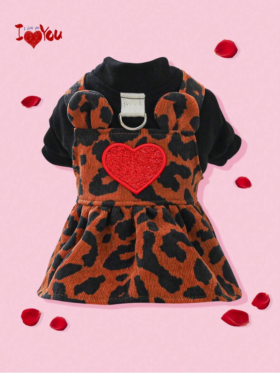 情人節1入組寵物衣服狗貓服裝配有鏈圈衣物,新款豹紋裙配有心形裝飾適用於秋冬季節 - 彩色 - 查看 1
