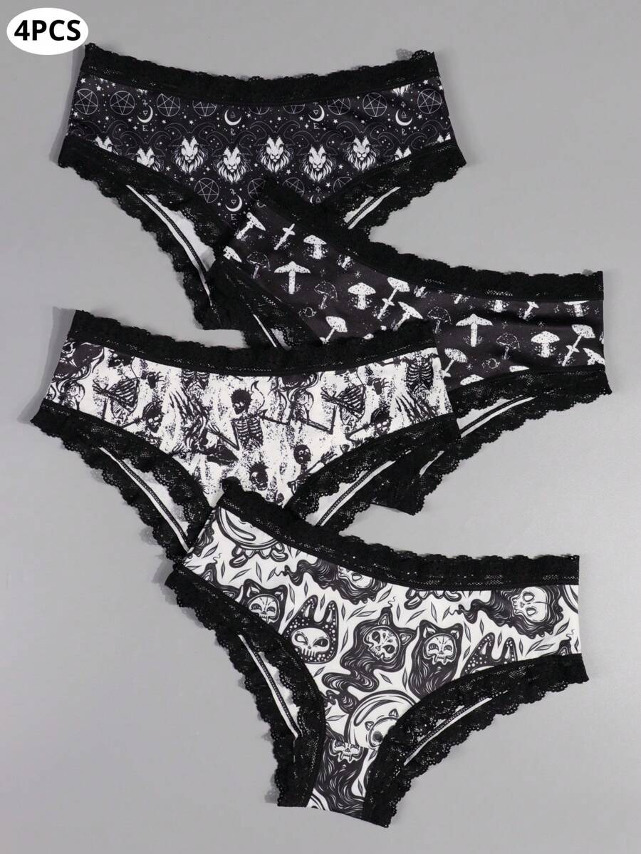 Morvia 4pcs Gothic Ren tương phản Hipster Quần lót không đường may , Halloween Sọ & Nấm & In Thân mật Quần lót không đường may , Của phụ nữ Đồ lót & Đồ lót - Nhiều màu - Xem 1