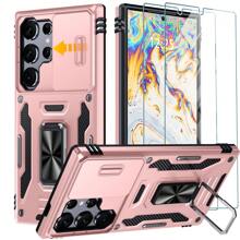 Unbeinst 適用於Samsung Galaxy S24 Ultra手機殼，S24 Ultra手機殼內置滑動相機保護蓋和旋轉式支架環，配有2個屏幕保護膜，防震保護殼，適用於三星S24 Ultra - 玫瑰金 - 查看 1