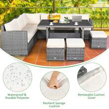 7 PCS Patio Rattan Dining Set Sectional Sofa Couch Ottoman Garden White\Red\Black - White - View 6