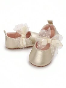 嬰兒公主鞋,0-1歲,春夏秋新品,帶有蝴蝶結和軟pu鞋底,適合學步 - 金色 - 查看 1