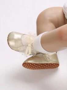 嬰兒公主鞋,0-1歲,春夏秋新品,帶有蝴蝶結和軟pu鞋底,適合學步 - 金色 - 查看 8