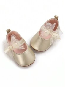 嬰兒公主鞋,0-1歲,春夏秋新品,帶有蝴蝶結和軟pu鞋底,適合學步 - 金色 - 查看 4