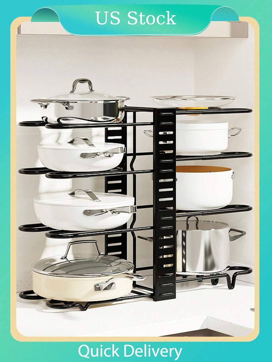 1set Black 8 Tier Pots And Pans Lid Organizer Rack Holder, Adjustable