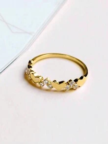 Stylever 1枚浪漫心形装饰戒指，S925纯银承诺戒指，精致珠宝礼品，适合女孩、派对、情侣佩戴 - 金色 - 查看 6