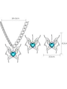 1套仿藍寶石鑲嵌的心形蝴蝶項鍊和耳環,甜美又時髦的女孩配件 - 銀色 - 查看 5