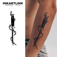 INKARTLINK 1入組5*14cm黑色藝術風格匕首暫時紋身貼紙，含草本汁液，紋身，可持續15天，具逼真、持久特點（1-2週） - 黑色 - 查看 1