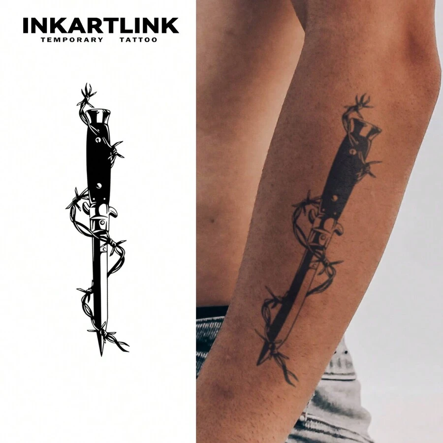 INKARTLINK 1入組5*14cm黑色藝術風格匕首暫時紋身貼紙，含草本汁液，紋身，可持續15天，具逼真、持久特點（1-2週） - 黑色 - 查看 1