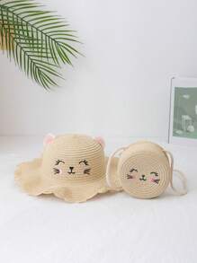 2pcs  Girls Cartoon Graphic Straw Bag With Straw Hat Beige For Vacation Travel - Beige - View 3