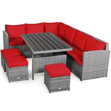 7 PCS Patio Rattan Dining Set Sectional Sofa Couch Ottoman Garden White\Red\Black - Đỏ - Xem 11