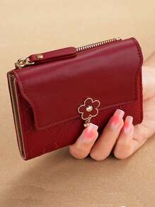 New Arrival Cranberry Red Embroidery Clutch Bag With Clover Pendant Multifunctional Compact Wallet For Women Wallet Purse Wallet Small Wallet - Burgundy - View 1