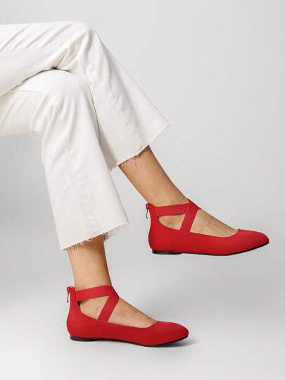 Women's Flats With Back Zipper Fashion Comfortable And Lightweight Cross Elastic Ankle Straps Daily Dressy Commuting Elegant Ballet Flats Shoes