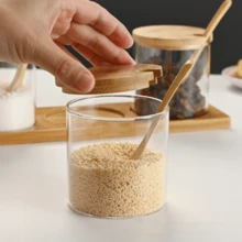 Wholesale Kitchen Round Glass Seasoning Jar Set With Spoon, Transparent Glass, Bamboo Lid, For Condiment Storage - Clear - View 5