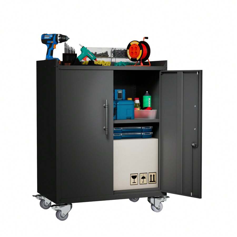 2 Door Tool Cabinets For Garage, Lockable Garage Storage Cabinet, Locking Metal Storage Cabinet With Wheels, Rolling Tool Chest, Assembly Required H34*W30.3*D18 - màu đen - Xem 1