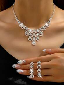 yijiangbeiting 3入組婚禮季女士珠寶套裝,鑲嵌水鑽假珍珠耳環項鍊,二件套,新娘婚紗配件 - 白色 - 查看 3