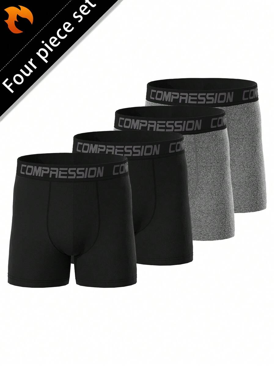 4pcs/Set Men's Sports Stretchy Breathable Boxer Briefs, Quick-Drying Running Training Cool Swim Trunks Compression Tights - Black and White - View 1
