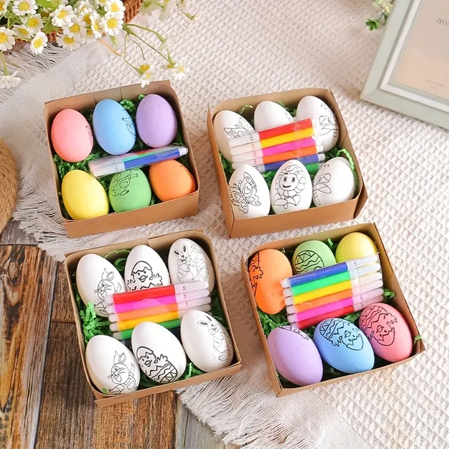 Set Of 6 DIY Hand Painted Easter Eggs With Cartoon Bunny Pattern, Handcraft Gift, For Family/Home/Scene/Theme Party Decoration. The Color Of The Accessories Will Be Sent Randomly.