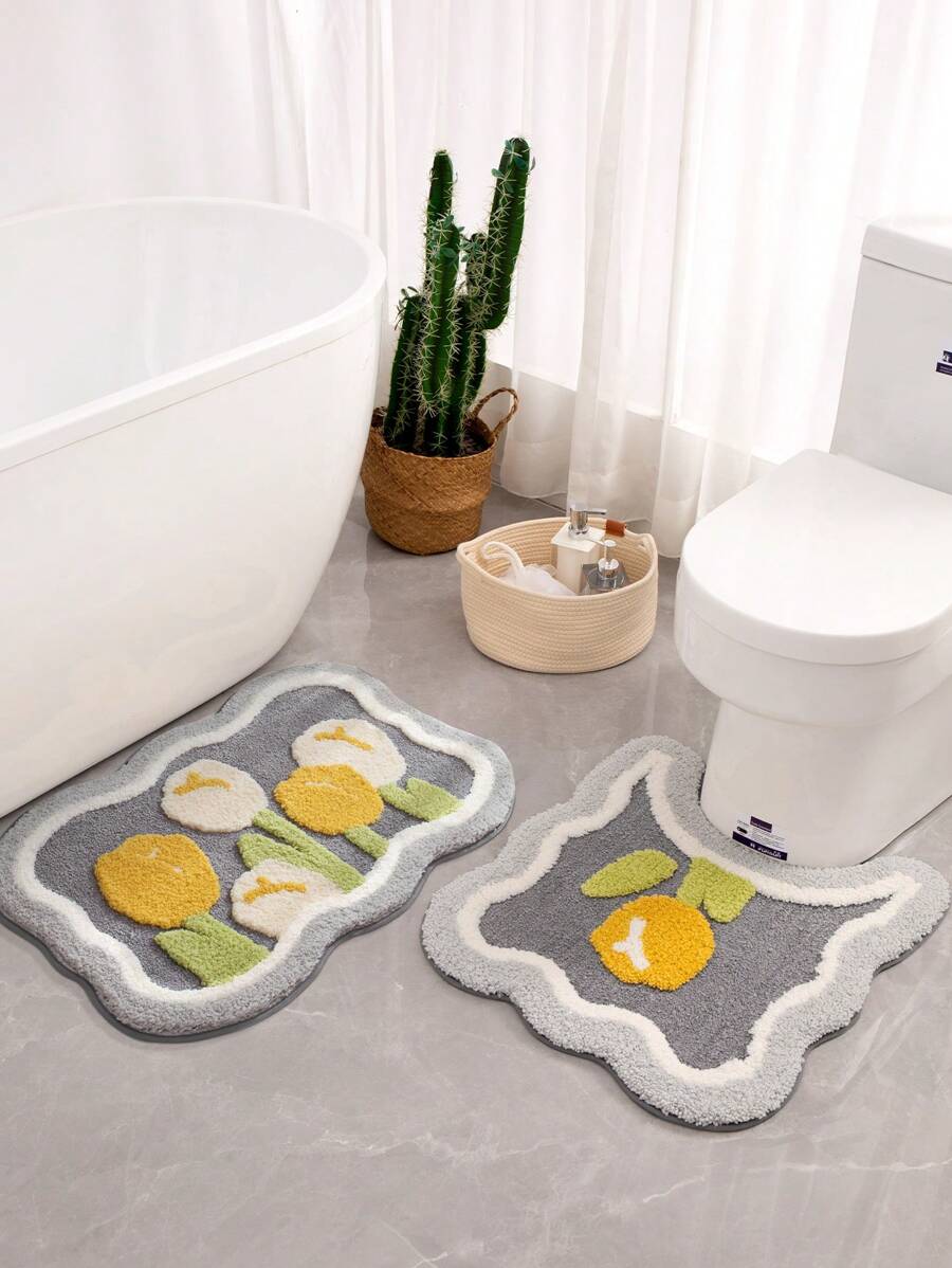 DAJIANG 1 pieza Alfombra de baño suave y absorbente con diseño de tulipán de dibujos animados, antideslizante, para decoración del baño del hogar, alfombra de baño, alfombra de piso, alfombra de exterior, felpudo de entrada, decoración de otoño, accesorios de baño, decoración de vuelta al colegio - Multicolor - Ver 1