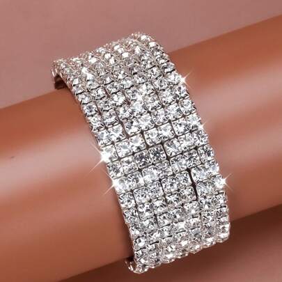 1pc Full Crystal Multiple Layers Elastic Bracelet For Women, Exaggerated Wide Bangle For Daily Wear Or Evening Party Accessory