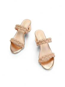 Women Summer Chunky Low Heeled Mule Sandals With Two Braided Strap, Minimalist Low Heels Open Toe Summer Sandals - 玫瑰金-萊茵石 - 查看 5