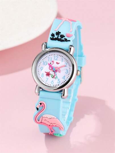 Đồng hồ trẻ em hoạt hình họa tiết chim hồng hạc dễ thương, dây đeo silicon.