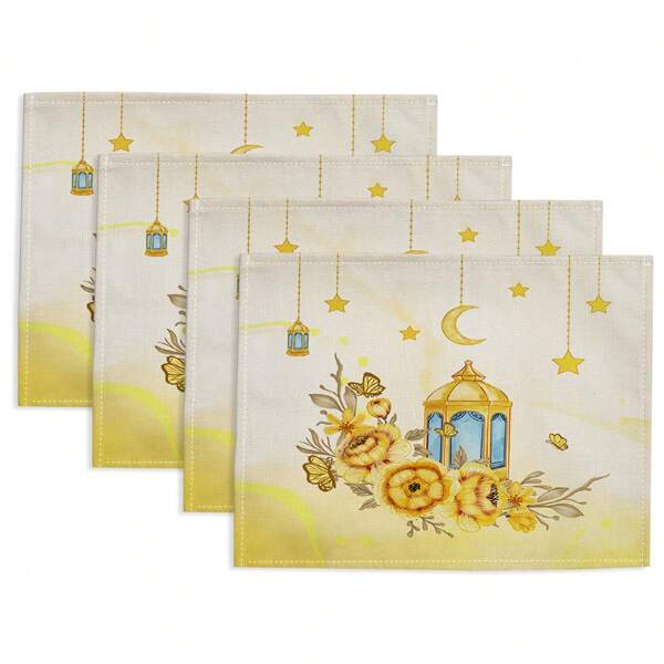 4 Stücke/set Goldfarbene Mondlampe & Mit Blumenmuster Bedruckte Tischmatte Und Untersetzer, 42x32cm Leinenmaterial, Moderne Festivaldekoration Für Küche, Esszimmer, Hitzebeständig Und Fleckenabweisend