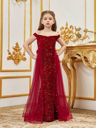 Luxury Off-Shoulder Sequin Mermaid Party Dress - Floor-Length Fitted Sheer Evening Gown, Suitable For Special Occasions