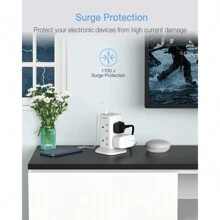 Tower Extension Lead With 3 USB Slots, TESSAN 8 Way Multi Plug Extension Tower, Surge Protection Extension Cord With Switch, Plug Socket Tower Power Strip With 2M Cable For Home, School Supplies - Grey - View 3