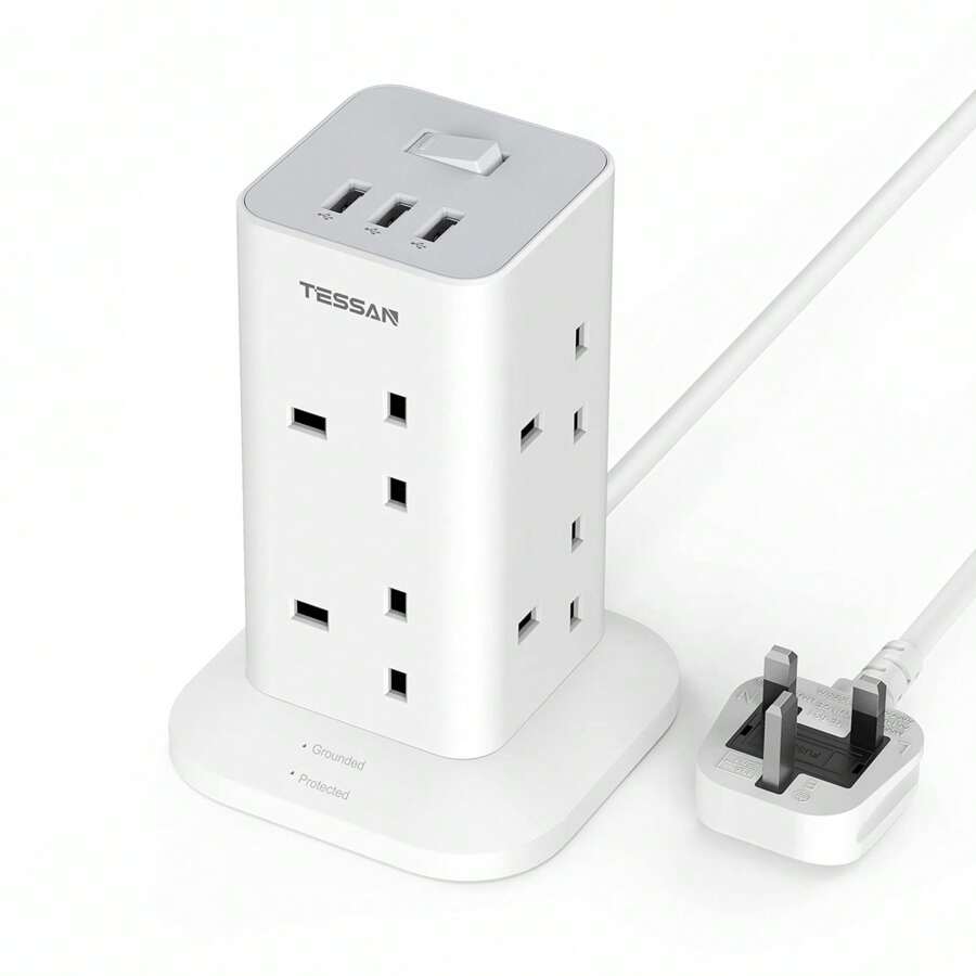 Tower Extension Lead With 3 USB Slots, TESSAN 8 Way Multi Plug Extension Tower, Surge Protection Extension Cord With Switch, Plug Socket Tower Power Strip With 2M Cable For Home, School Supplies