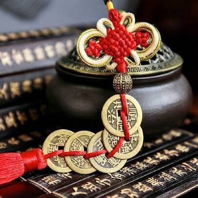 1pc Chinese Knot Pendant With Lucky Coins, Feng Shui Coins, Qing Dynasty Lucky Coins And Tassel, For Home, Living Room, Office Decoration, Party & Holiday Decorations Such As Valentine's Day, Chinese New Year, And Easter,Home Decor ,Room Decor,Wall Decor Gifts Birthday Graduation