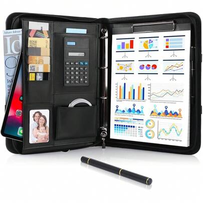 Case di scrittura A4, cartella di documenti con zip, valigetta impermeabile con legante ad anello, appunti, blocco note, portafoglio padfolio nero