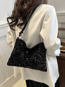 奢華亮片肩包,時尚閃亮斜挎包,閃光熱門手提包,適合女士派對舞會 - 黑色 - 查看 4