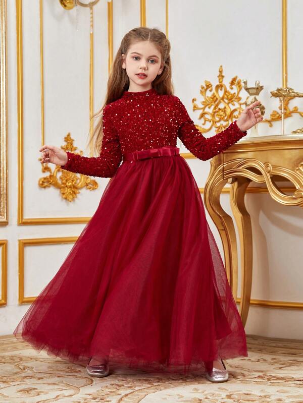 Elegante abito da principessa per ragazze con collo alto, maniche lunghe, linea A in tulle, con silhouette strutturata - perfetto per cerimonie di matrimonio, gala formali, celebrazioni di laurea, performance di balletto ed eventi di lusso per le vacanze