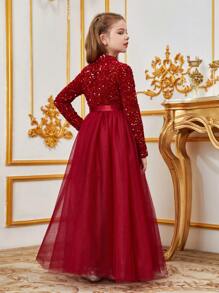 Elegant Girls High Neck Long Sleeve A-Line Tulle Princess Dress, Structured Silhouette - Perfect For Weddings, Formal Galas, Graduations, Ballet Recitals And Luxury Holiday Events - Red - View 2