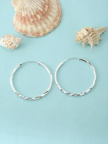 1對時尚紋理質感圓耳環適合女士日常裝飾 - 銀色 - 查看 5