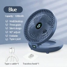 1PC Rechargeable 1200mAh Foldable Desktop Fan Wall Mountable Fan, Portable Air Conditioner, Folding Fan, Table Fan, Small Portable Fan Perfect For Office, Home, Kitchen, Outdoor, 90° Adjustable, Quiet Operation, With Trackless Hook, Three Gears Adjustment, Two Colors Available.
