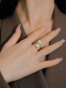 18K 镀金时尚不锈钢花朵戒指 女士 适合日常生活 送给女朋友的礼物 情人节 - 黑色 - 查看 5