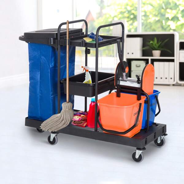 HOMCOM Carro de Limpieza Profesional con Escurridor de Palanca con 3 Estantes y 2 Cubos de Fregar de 18L Bolsa con Tapa Ruedas 111x63,3x103 cm Negro Azul y Naranja