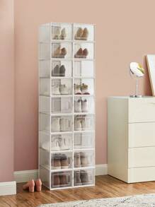 SONGMICS Cajas de Zapatos Plástico, Juego de 8/12/18 Organizadores de Almacenamiento, Caja Zapatero Plástico Plegable y Apilable para Zapatillas hasta talla 46, Transparente y Blanco, Vuelta al Cole - Blanco - Ver 3