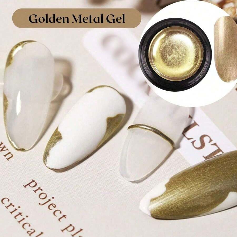 1瓶8ml金色金屬膠,美甲光療指甲油,金銀鏡面包邊勾線拉線繪畫凝膠,鏡面凝膠可塗可畫線條,法式效果美甲,藝術甲油 - 金色 - 查看 1