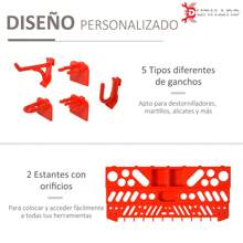 DURHAND Estantería de Pared con Sistema de Almacenamiento 95,5x23x53,5 cm Soporte de Herramientas con 54 Piezas 50 Ganchos para Taller Garajes Rojo y Gris