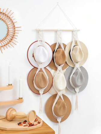 XIANG YU 1 件波西米亚风格绳编织帽子收纳架，多层壁挂收纳架，带流苏细节和木棍，用于帽子收纳牛仔帽衣架