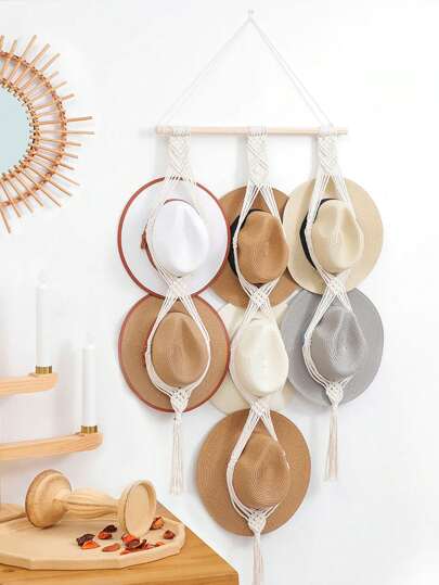 XIANG YU 1 قطعة رف تخزين القبعة متعدد الطبقات مع حبال محبوكة بأسلوب بوهيمي، قصاصات خشبية معلقة على الحائط للتنظيم، تفاصيل شرابة وعصا خشبية لتعليق قبعات كاوبوي