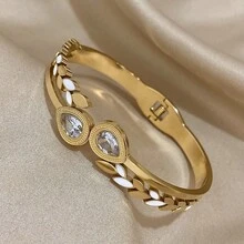 1條水滴手鐲葉形不銹鋼手鐲,粗金開口手鐲適合女性女孩姐妹母親女兒禮物派對生日珠寶飾品 - 金黃色 - 查看 3