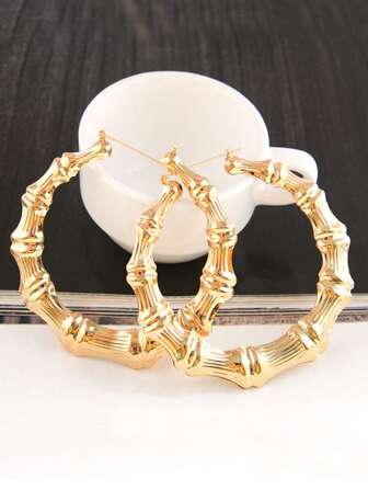 1 par de pendientes geométricos de aro redondo grande de metal dorado tipo bambú punk para mujer y niña, accesorios de hip hop para discoteca