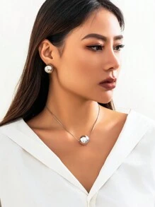 3pcs Vintage Simple Ccb Bead Pendant Necklace & Earrings Set, Women's Fashion Jewelry Kit - Silver - View 2