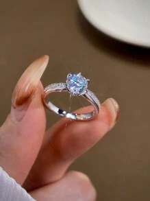 Newsoul 1PC Luxury Real 1CT Moissanite Rhinestone Rings For Women 925 Sterling Silver Wedding Engagement Eternal Promise Ring Fine Jewelry Anniversary Gift Bridal Jewelry - Silver - View 3