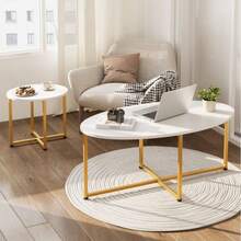 Furchen Couchtisch Oval, 2er Set, Wohnzimmertisch, Beistelltisch,für Wohnzimmertisch, Balkon,Weiß und Gold - Weiss - Übersicht 3