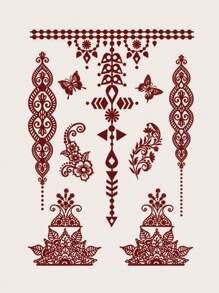 1張紅色海娜花邊圖案暫時貼身體紋身貼紙,適用於手臂、胸部、腹部、背部 - 紅色 - 查看 4