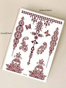 1張紅色海娜花邊圖案暫時貼身體紋身貼紙,適用於手臂、胸部、腹部、背部 - 紅色 - 查看 5
